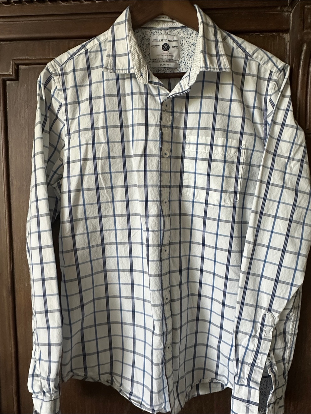 Cactus Man  White & Blue Windowpane Dress Shirt - Classic Spread Collar